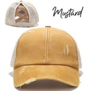 Criss Cross Distressed Trucker Hat - Mustard